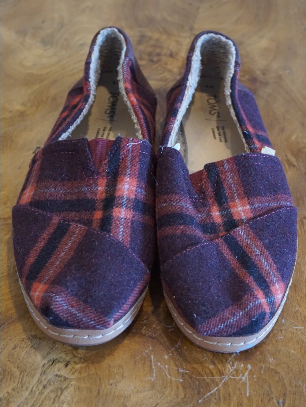 TOMS Plaid Slip-On Shoes in Burgundy and Orange